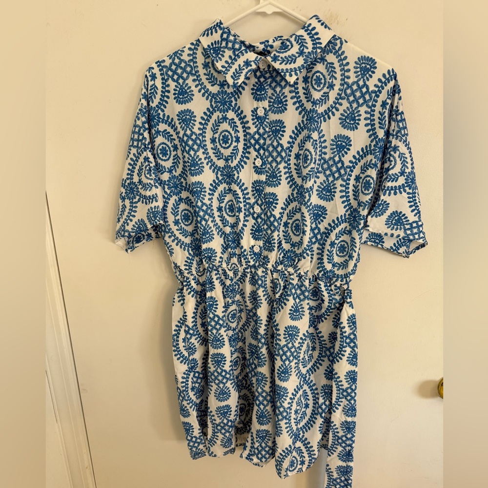 Cupshe White and Blue Printed Swim Coverup Shirt Dress